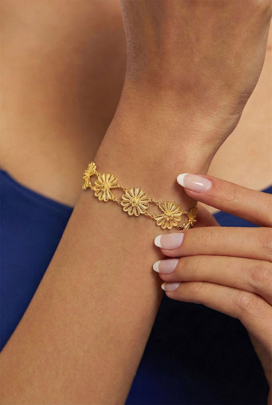 925 Ayar Geleneksel Telkari El İşi Altın Kaplama Lotus Çiçeği Kelepçe Gümüş Bileklik
