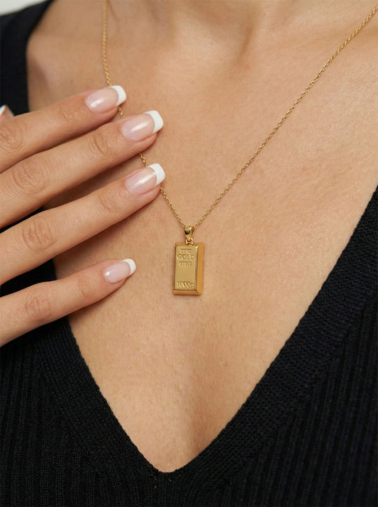 925 Ayar Gümüş Gold Renk Minyatür Altın Külçe Modelli Tasarım Gümüş Kolye