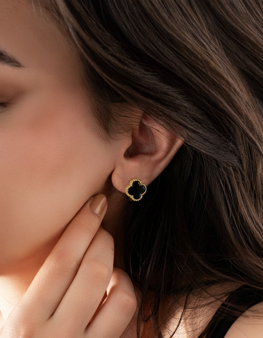925 Ayar Oniks Taşlı Gold Van Cleef Yonca Gümüş Küpe