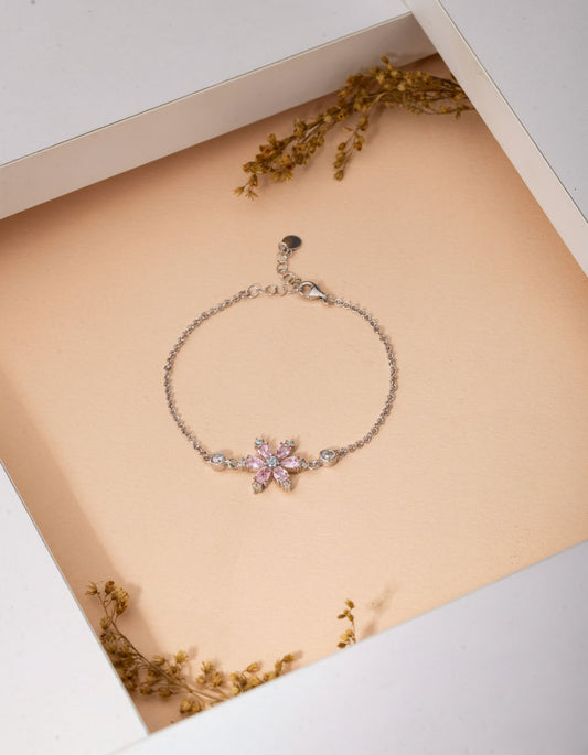 925 Ayar Pembe Taşlı Rodyum Lotus Çiçeği Gümüş Bileklik