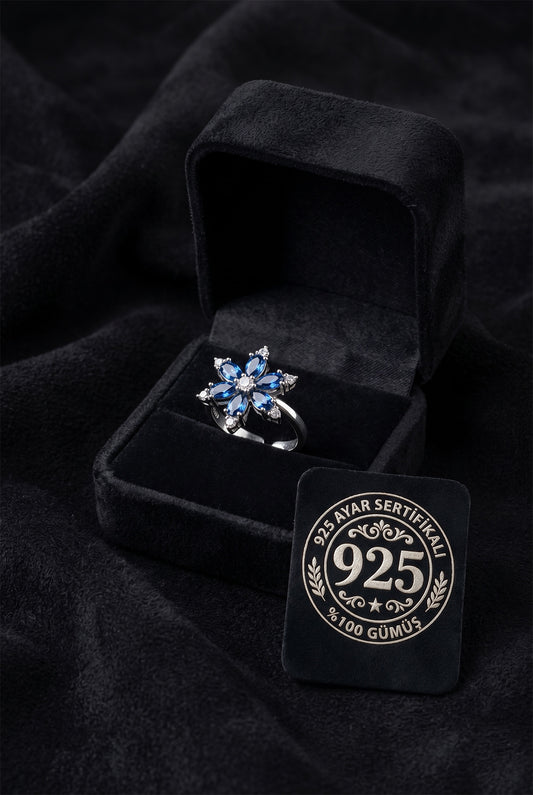 925 Ayar Safir Taşlı Rodyum Lotus Çiçeği Ayarlanabilir Gümüş Yüzük