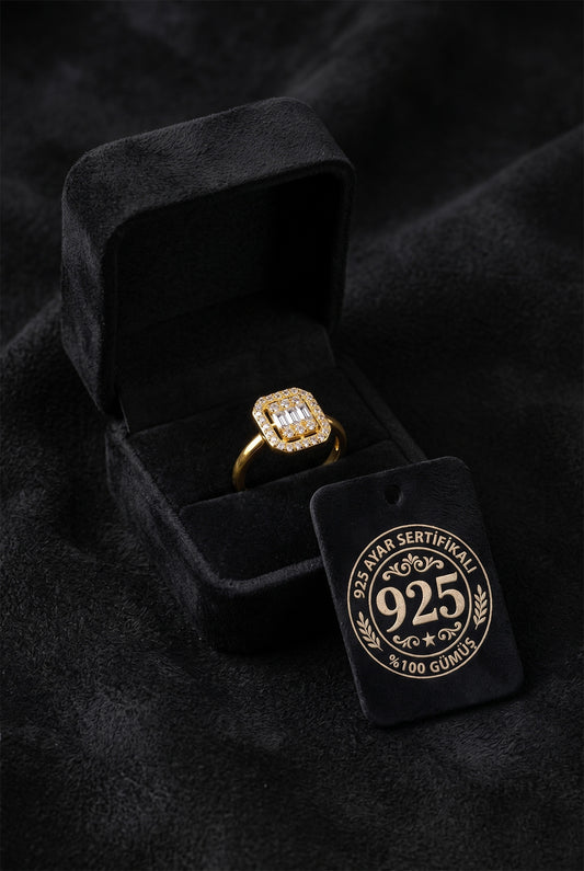 925 Ayar Zirkon Taşlı Gold 3 Sıra Ayarlanabilir Baget Gümüş Yüzük