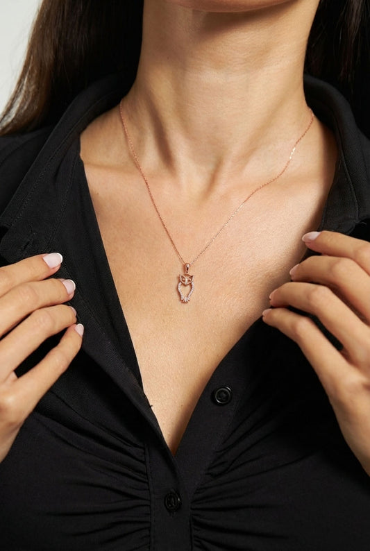 925 Ayar Zirkon Taşlı Rose Minimal Baykuş Gümüş Kolye