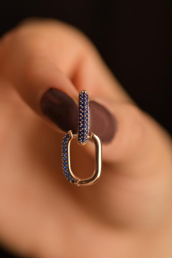Safir Taşlı 925 Ayar Gümüş Oval Kadın Küpe