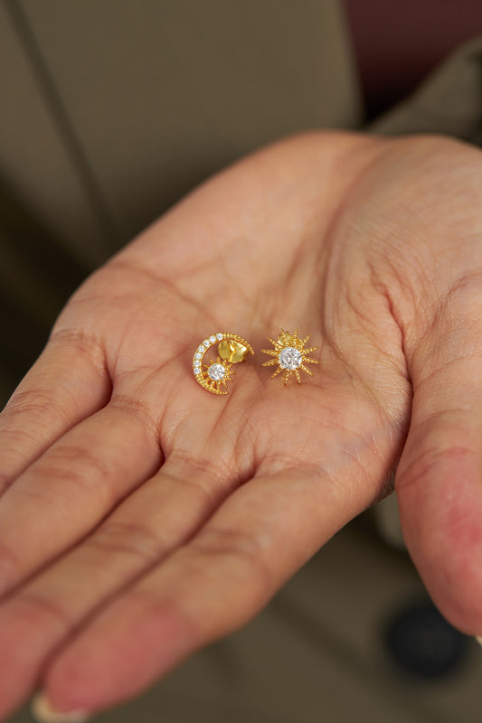 925 Ayar Zirkon Taşlı Gold Güneş Ay ikili Gümüş Küpe