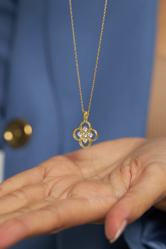 925 Ayar Zirkon Taşlı Gold One Cleef Gümüş Kolye