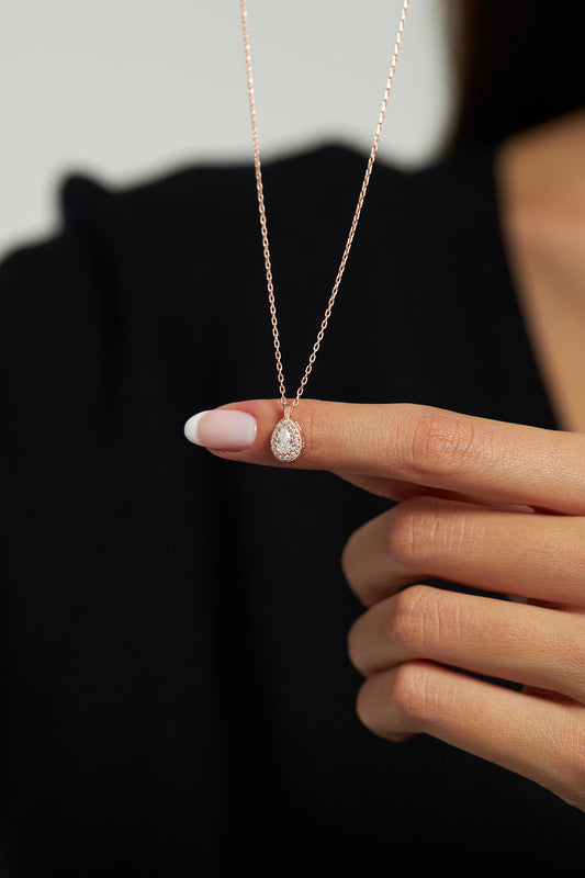 925 Ayar Zirkon Taşlı Rose Minimal Damla Anturaj Gümüş Kolye