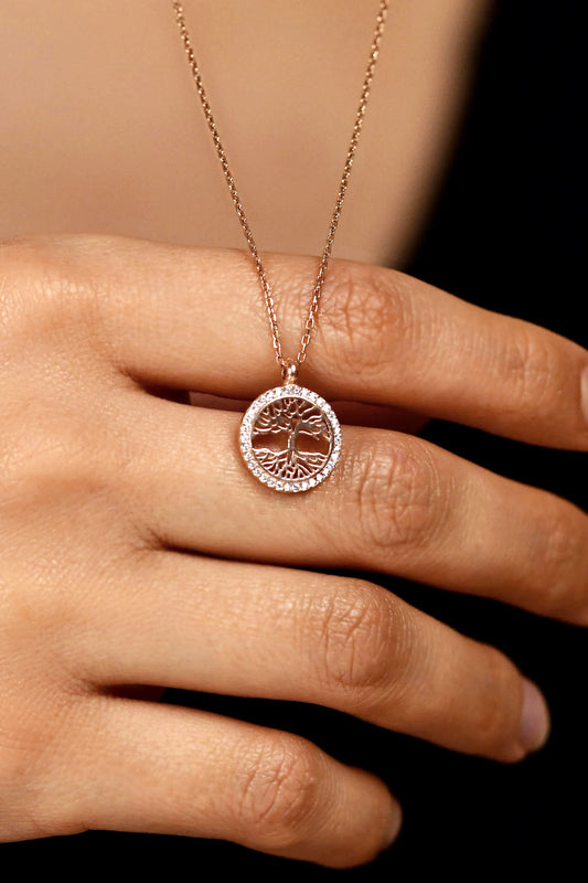 925 Ayar Zirkon Taşlı Rose Yaşam Ağacı Gümüş Kolye