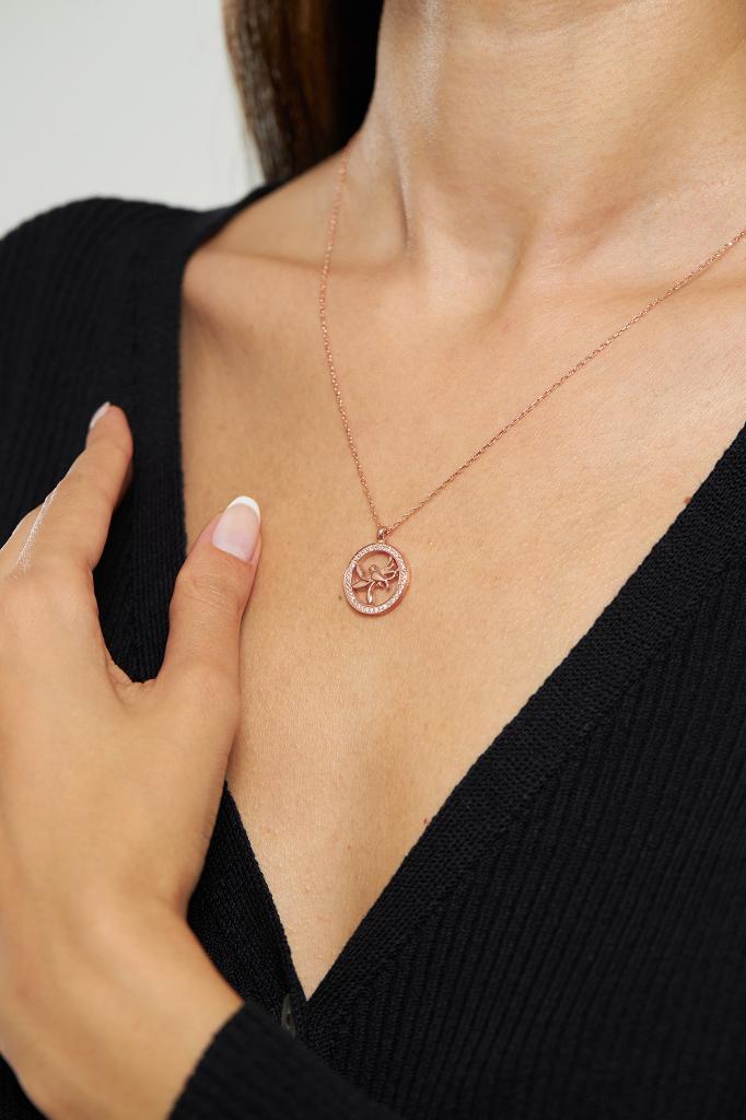 Zirkon Taşlı Rose Yuvarlak Kuş Yuvası Gümüş Kolye
