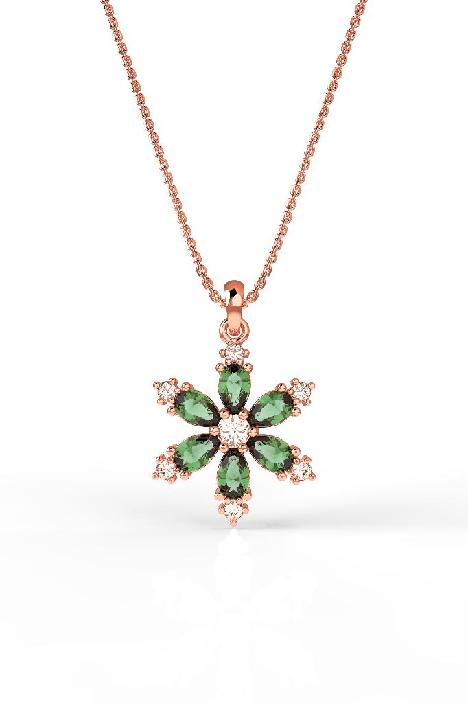 Zümrüt Taşlı Rose Lotus Çiçeği Gümüş Kolye