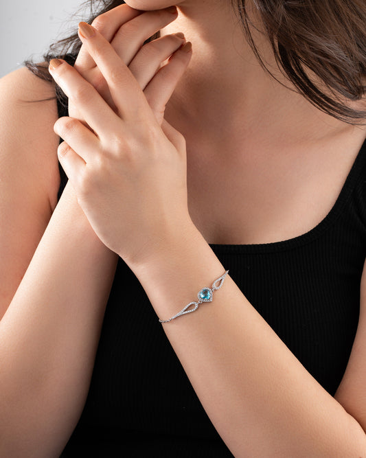 925 Ayar Akuamarin Taşlı Rodyum Pırlanta Görünümlü Kalp Gümüş Bileklik