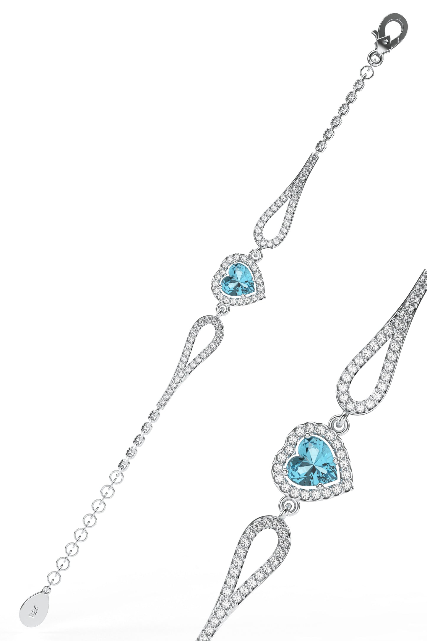 925 Ayar Akuamarin Taşlı Rodyum Pırlanta Görünümlü Kalp Gümüş Bileklik