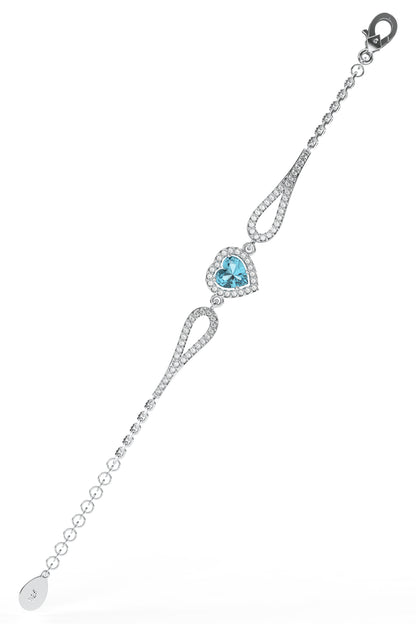 925 Ayar Akuamarin Taşlı Rodyum Pırlanta Görünümlü Kalp Gümüş Bileklik