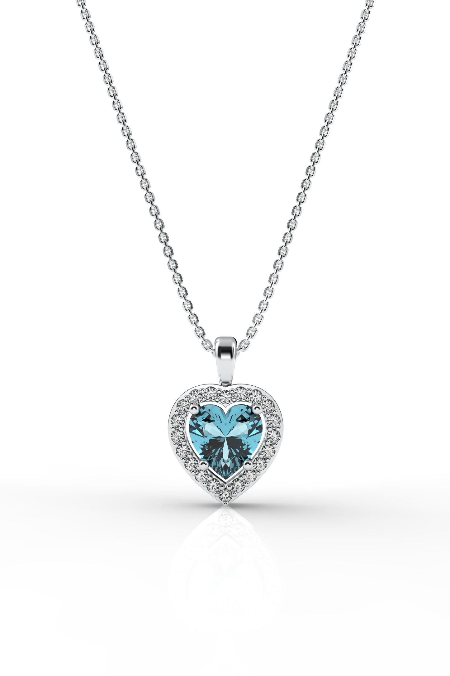 925 Ayar Akuamarin Taşlı Rodyum Pırlanta Görünümlü Kalp Gümüş Kolye