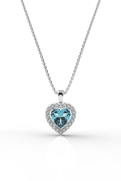 925 Ayar Akuamarin Taşlı Rodyum Pırlanta Görünümlü Kalp Gümüş Kolye