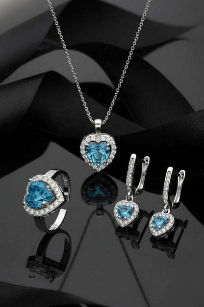 925 Ayar Akuamarin Taşlı Rodyum Pırlanta Işıltılı Kalp 3'lü Gümüş Set-Takım *Ayarlanabilir