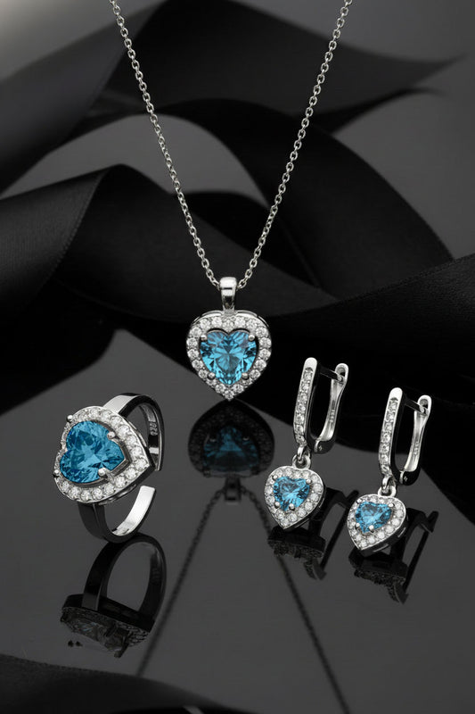 925 Ayar Akuamarin Taşlı Rodyum Pırlanta Işıltılı Kalp 3'lü Gümüş Set-Takım *Ayarlanabilir