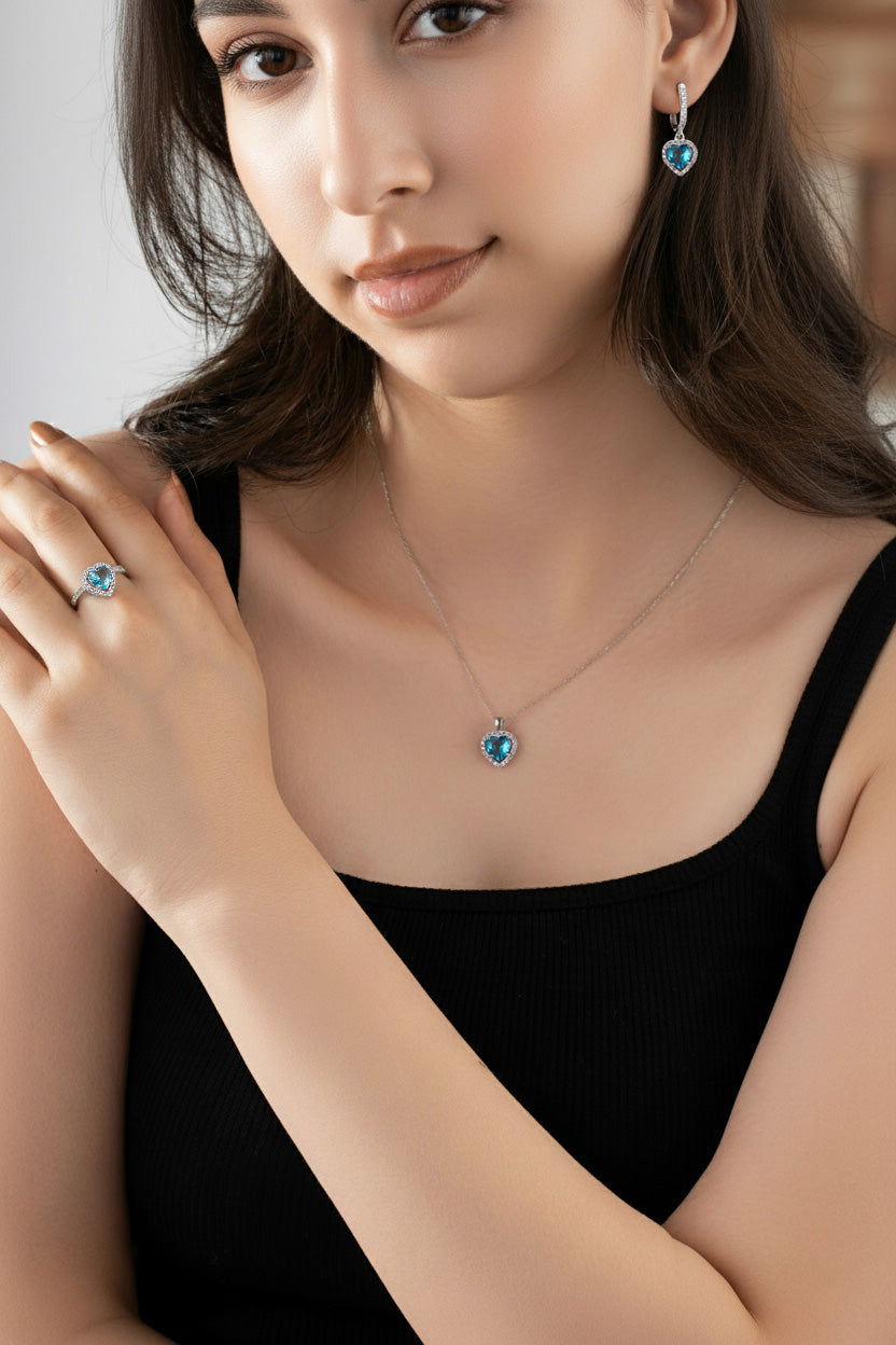 925 Ayar Akuamarin Taşlı Rodyum Pırlanta Işıltılı Kalp 3'lü Gümüş Set-Takım *Ayarlanabilir