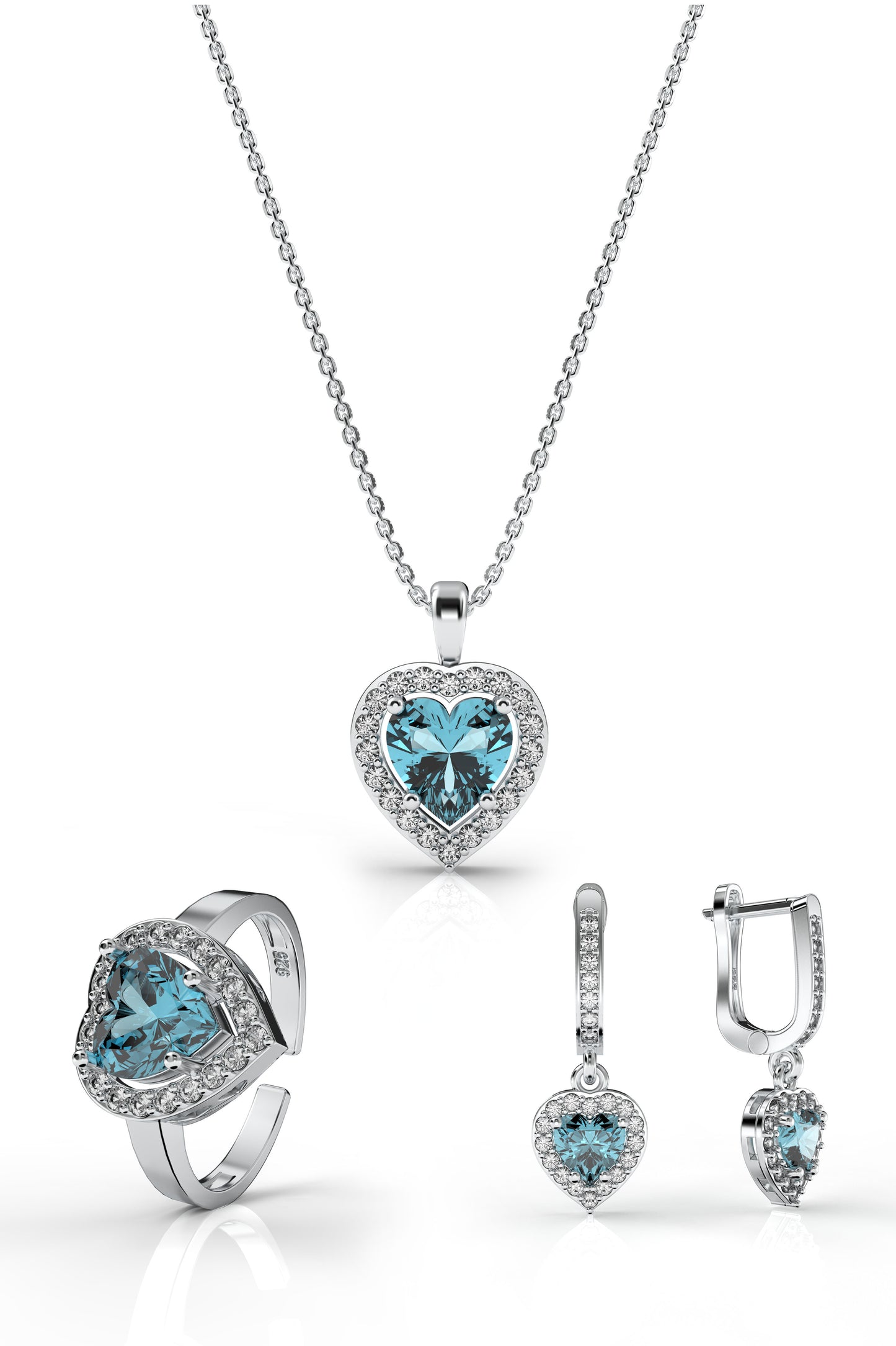 925 Ayar Akuamarin Taşlı Rodyum Pırlanta Işıltılı Kalp 3'lü Gümüş Set-Takım *Ayarlanabilir