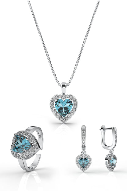 925 Ayar Akuamarin Taşlı Rodyum Pırlanta Işıltılı Kalp 3'lü Gümüş Set-Takım *Ayarlanabilir