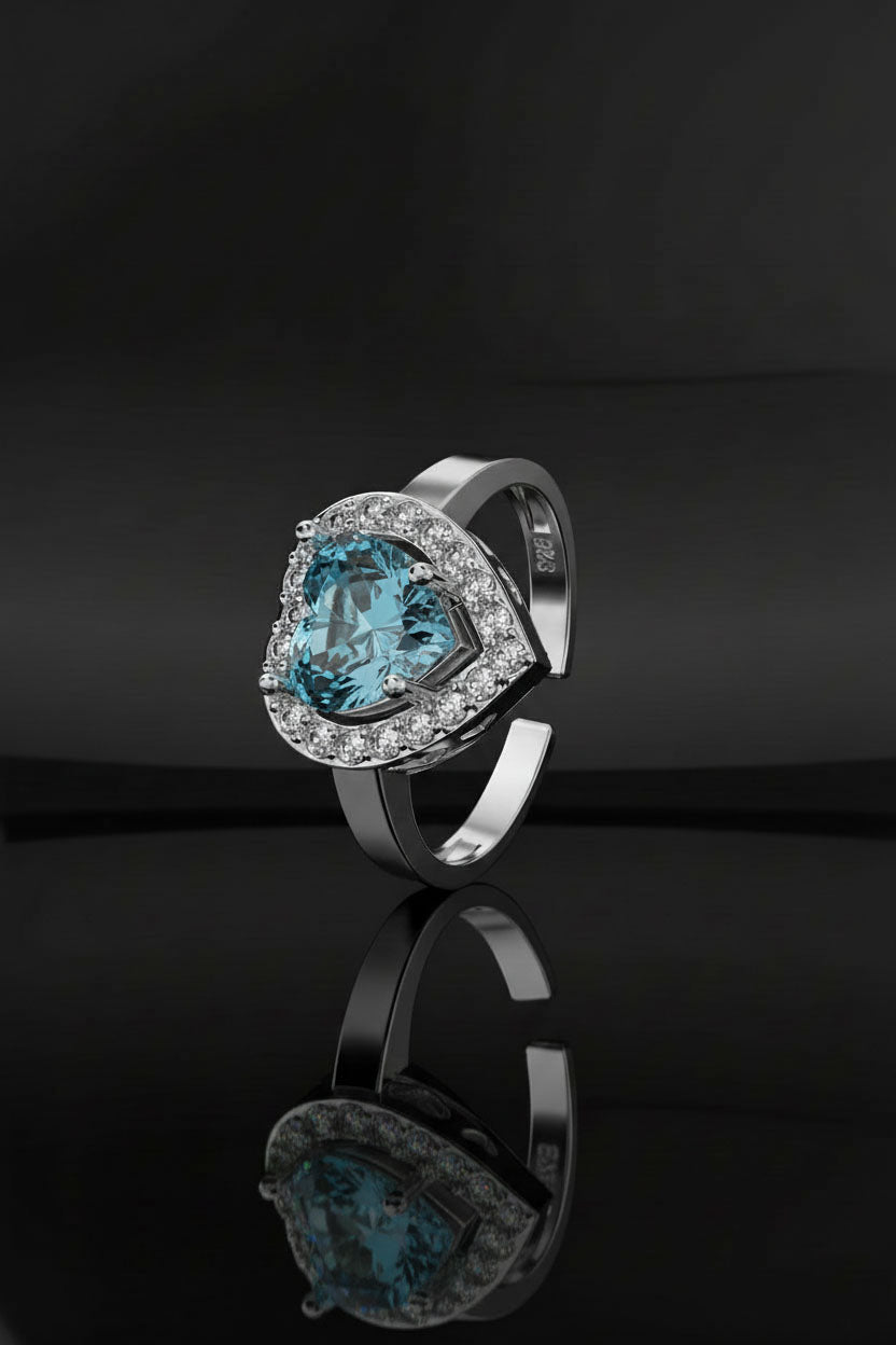 925 Ayar Akuamarin Taşlı Rodyum Pırlanta Işıltılı Kalp Ayarlanabilir Gümüş Yüzük