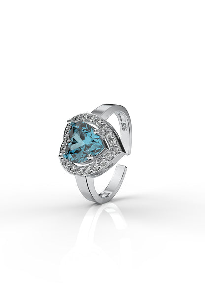 925 Ayar Akuamarin Taşlı Rodyum Pırlanta Işıltılı Kalp Ayarlanabilir Gümüş Yüzük