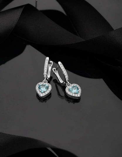 925 Ayar Akuamarin Taşlı Rodyum Pırlanta Işıltılı Sallantılı Kalp Gümüş Küpe