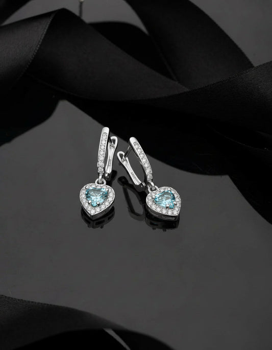 925 Ayar Akuamarin Taşlı Rodyum Pırlanta Işıltılı Sallantılı Kalp Gümüş Küpe