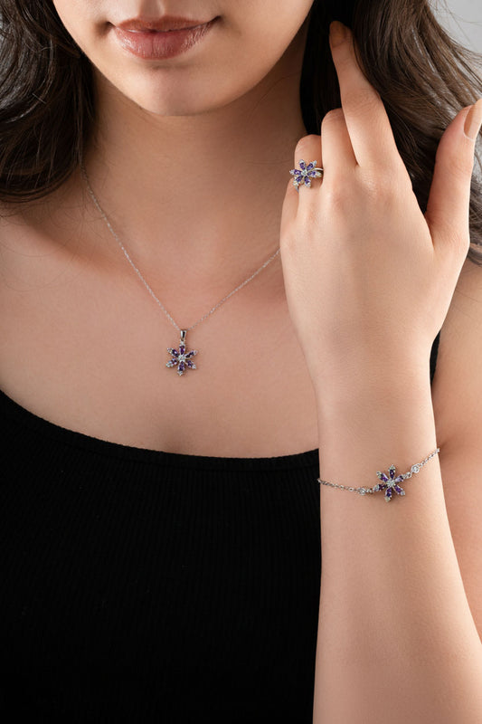 925 Ayar Ametist Taşlı Rodyum Lotus Çiçeği 3'lü Gümüş Set