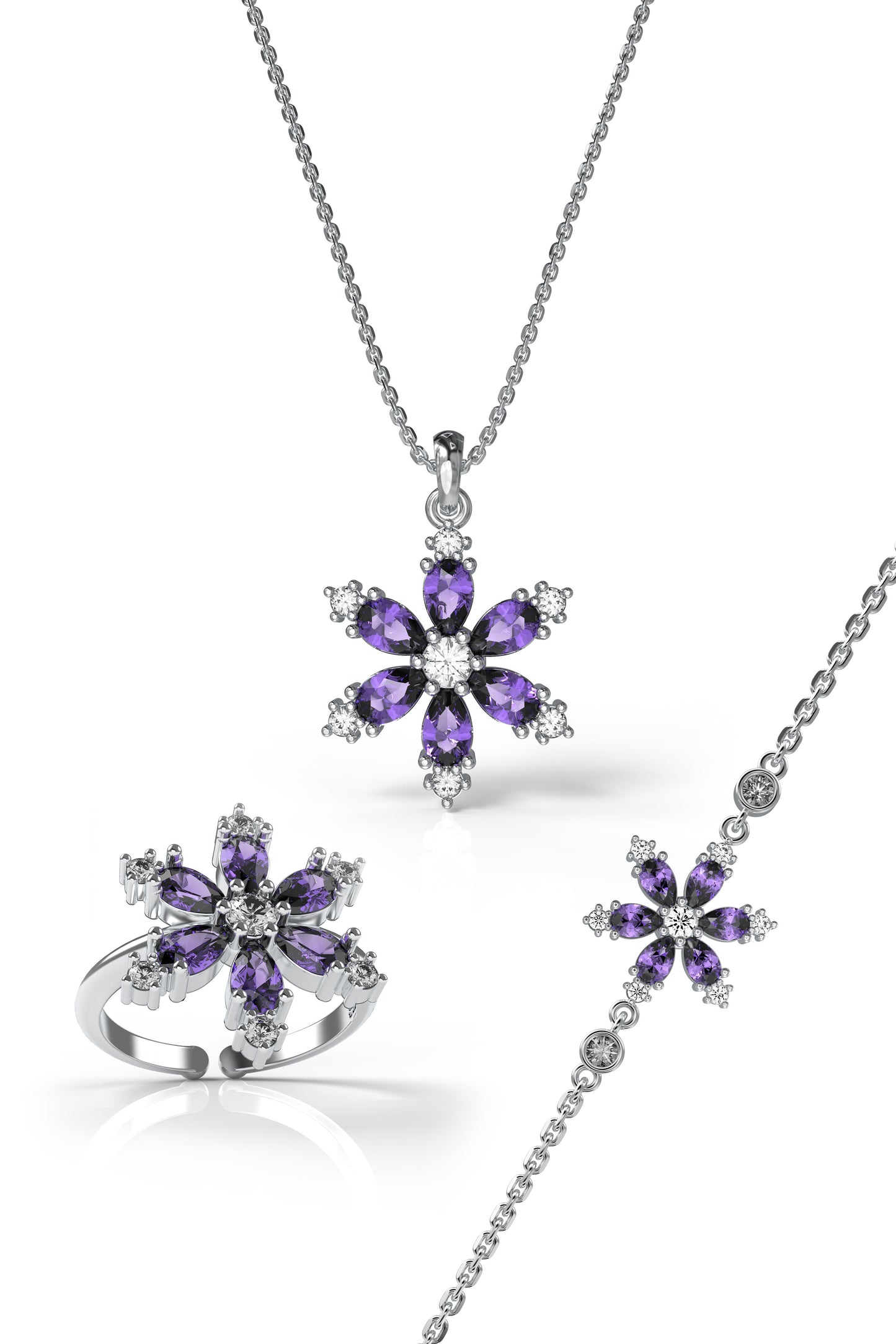 925 Ayar Ametist Taşlı Rodyum Lotus Çiçeği 3'lü Gümüş Set