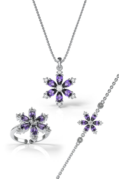 925 Ayar Ametist Taşlı Rodyum Lotus Çiçeği 3'lü Gümüş Set