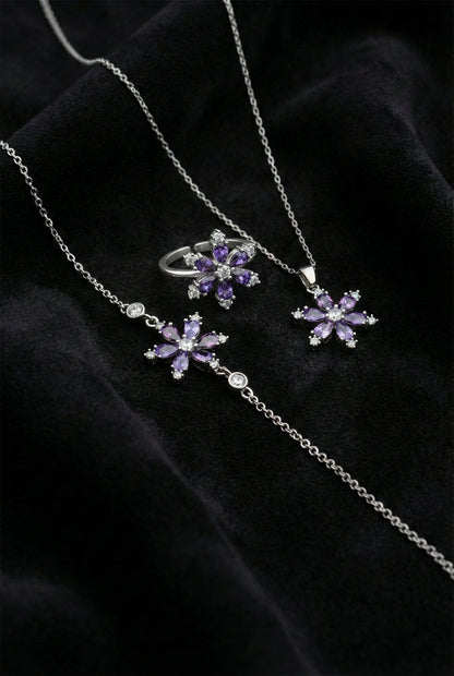 925 Ayar Ametist Taşlı Rodyum Lotus Çiçeği 3'lü Gümüş Set