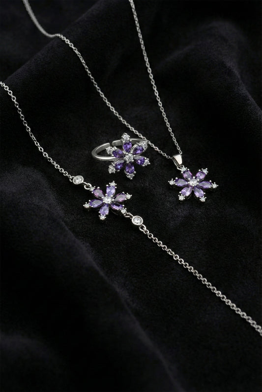 925 Ayar Ametist Taşlı Rodyum Lotus Çiçeği 3'lü Gümüş Set