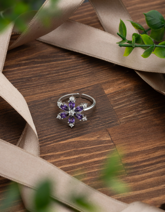 925 Ayar Ametist Taşlı Rodyum Lotus Çiçeği Ayarlanabilir Gümüş Yüzük