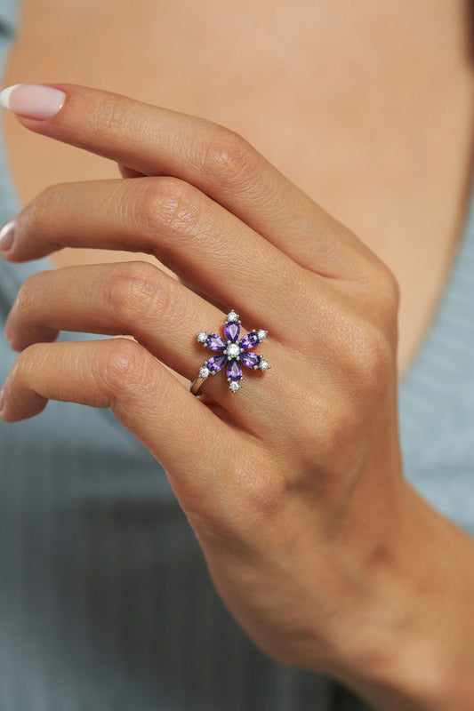 925 Ayar Ametist Taşlı Rodyum Lotus Çiçeği Ayarlanabilir Gümüş Yüzük