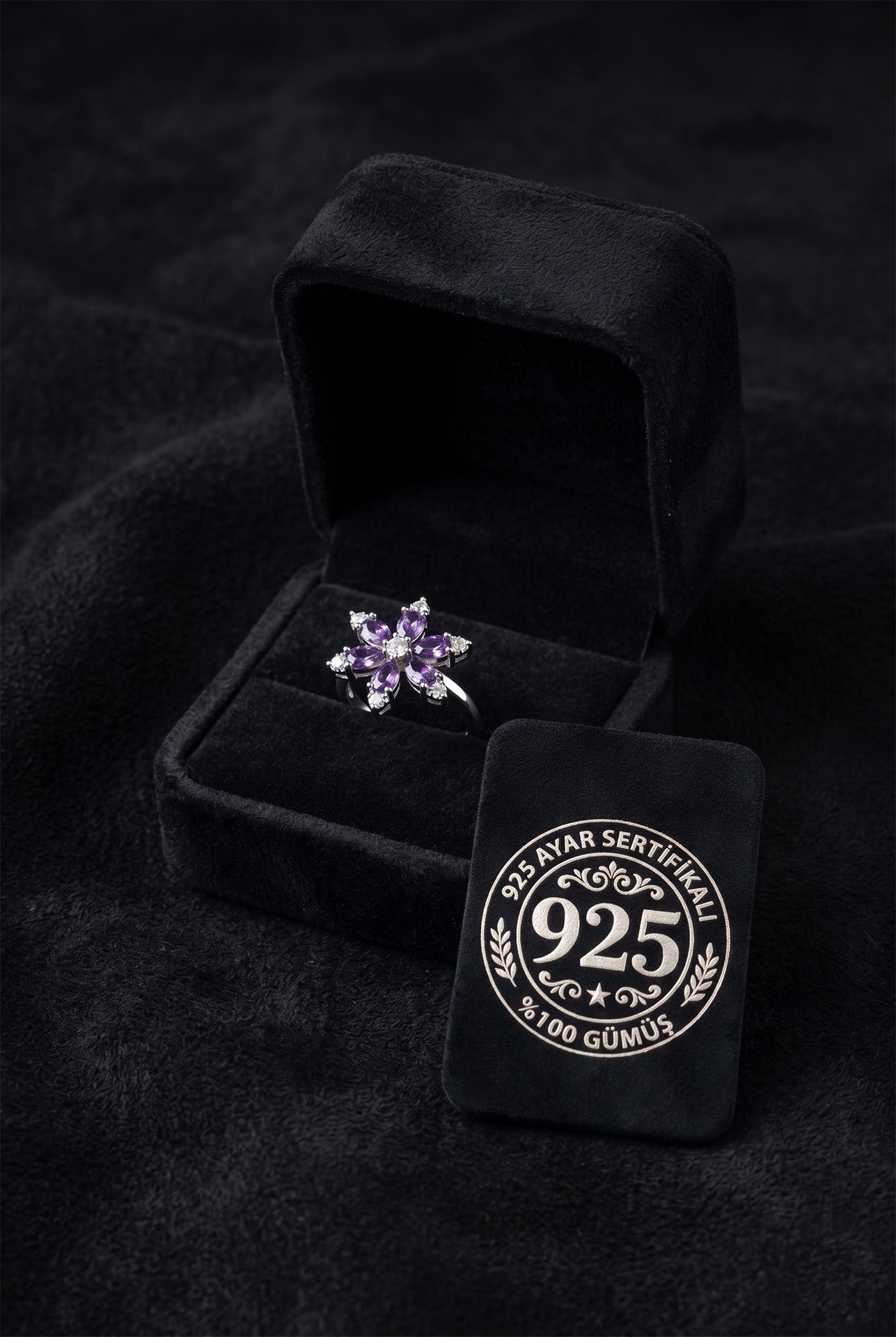 925 Ayar Ametist Taşlı Rodyum Lotus Çiçeği Ayarlanabilir Gümüş Yüzük