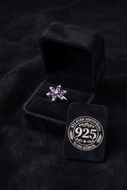 925 Ayar Ametist Taşlı Rodyum Lotus Çiçeği Ayarlanabilir Gümüş Yüzük