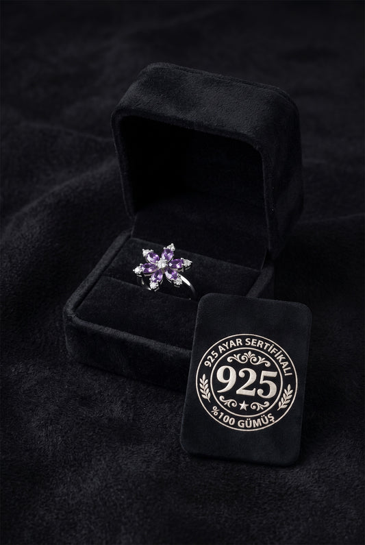925 Ayar Ametist Taşlı Rodyum Lotus Çiçeği Ayarlanabilir Gümüş Yüzük