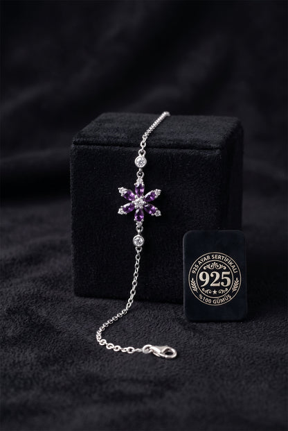 925 Ayar Ametist Taşlı Rodyum Lotus Çiçeği Gümüş Bileklik