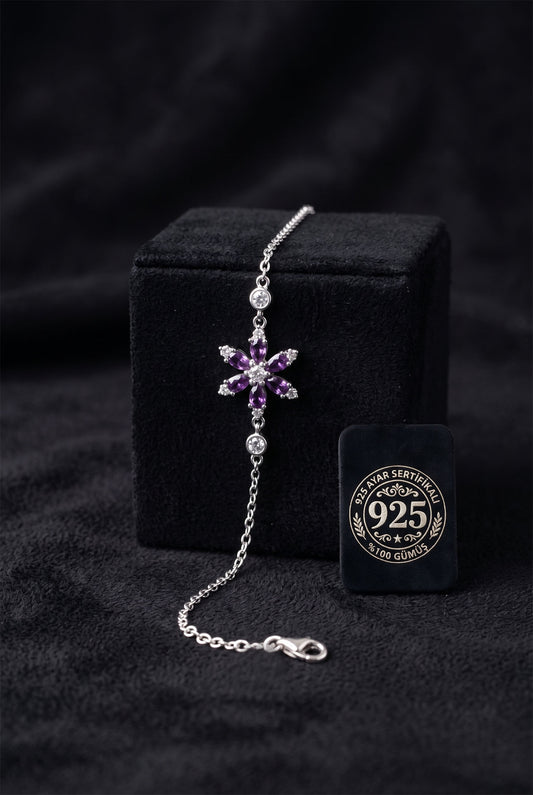 925 Ayar Ametist Taşlı Rodyum Lotus Çiçeği Gümüş Bileklik