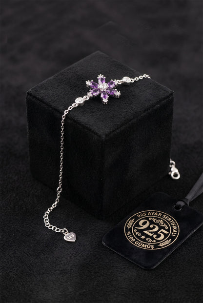 925 Ayar Ametist Taşlı Rodyum Lotus Çiçeği Gümüş Bileklik