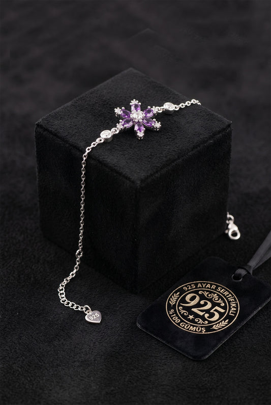 925 Ayar Ametist Taşlı Rodyum Lotus Çiçeği Gümüş Bileklik