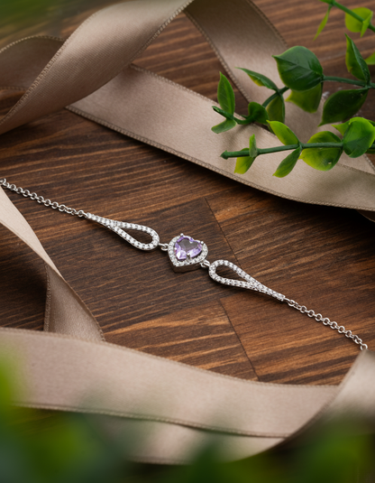 925 Ayar Ametist Taşlı Rodyum Pırlanta Görünümlü Kalp Gümüş Bileklik