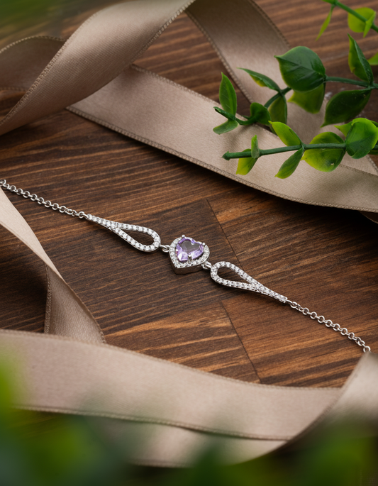 925 Ayar Ametist Taşlı Rodyum Pırlanta Görünümlü Kalp Gümüş Bileklik