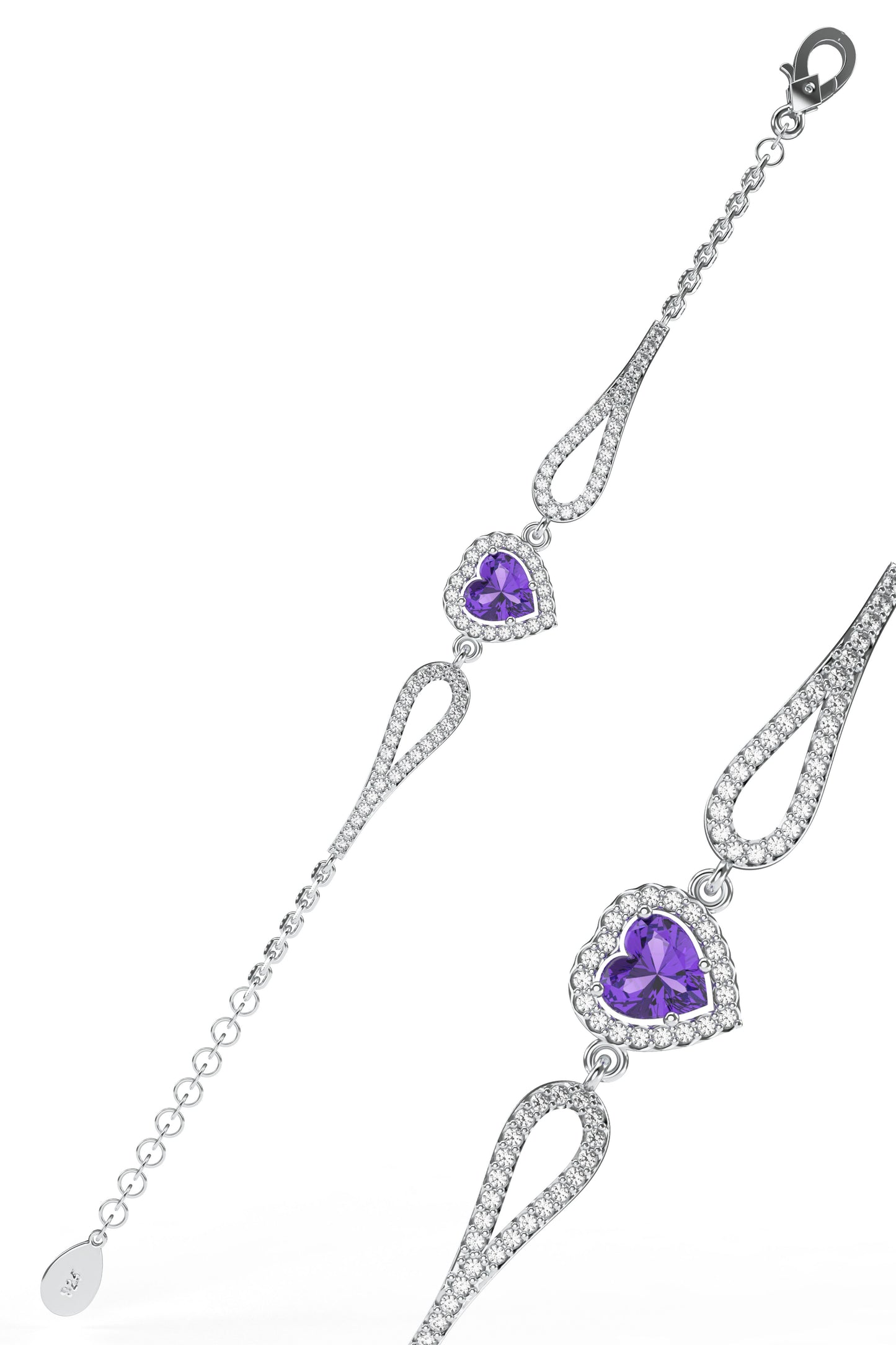 925 Ayar Ametist Taşlı Rodyum Pırlanta Görünümlü Kalp Gümüş Bileklik
