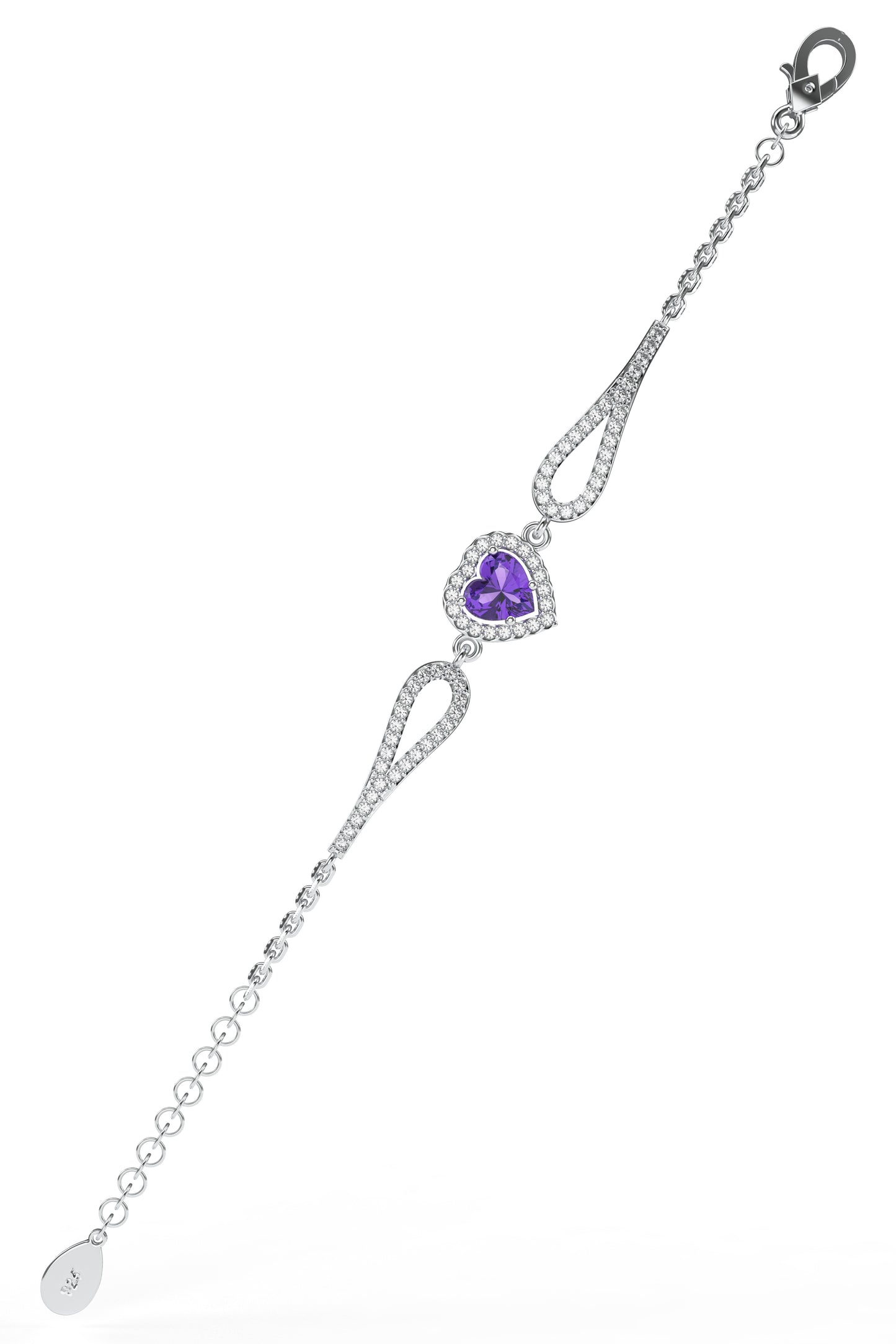 925 Ayar Ametist Taşlı Rodyum Pırlanta Görünümlü Kalp Gümüş Bileklik