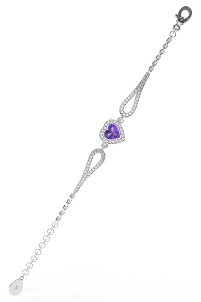 925 Ayar Ametist Taşlı Rodyum Pırlanta Görünümlü Kalp Gümüş Bileklik