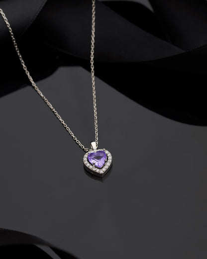 925 Ayar Ametist Taşlı Rodyum Pırlanta Görünümlü Kalp Gümüş Kolye