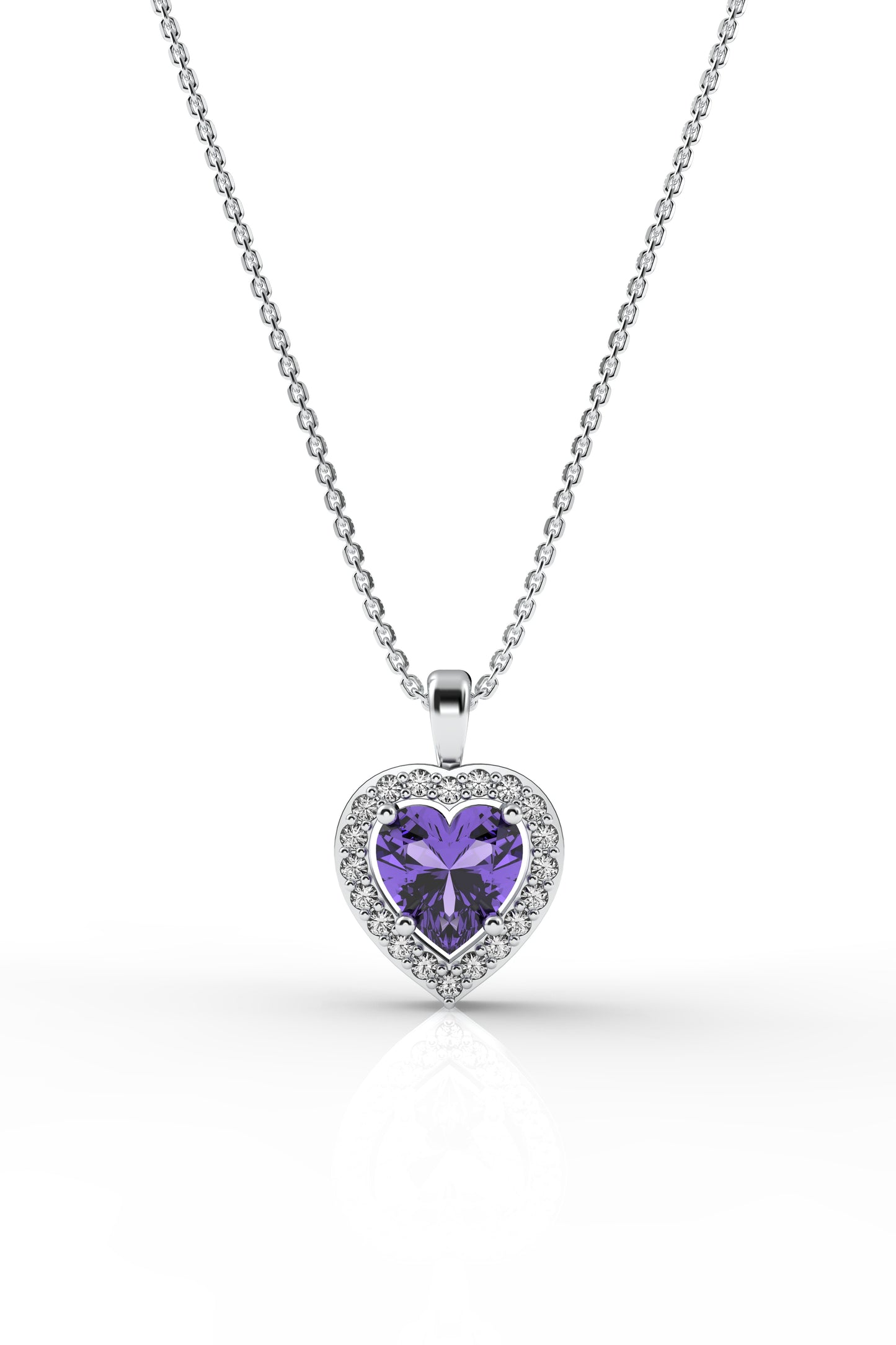 925 Ayar Ametist Taşlı Rodyum Pırlanta Görünümlü Kalp Gümüş Kolye