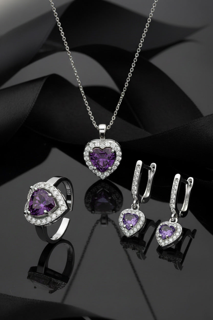 925 Ayar Ametist Taşlı Rodyum Pırlanta Işıltılı Kalp 3'lü Gümüş Set-Takım *Ayarlanabilir
